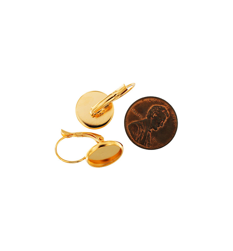 Gold Stainless Steel Cabochon Earrings - Lever Back - 12mm Tray - 2 Pieces 1 Pair - FD788