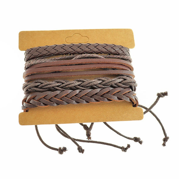 Brown Imitation Leather Adjustable Bracelet 2.3" - 5mm - 1 Set 4 Bracelets - N817