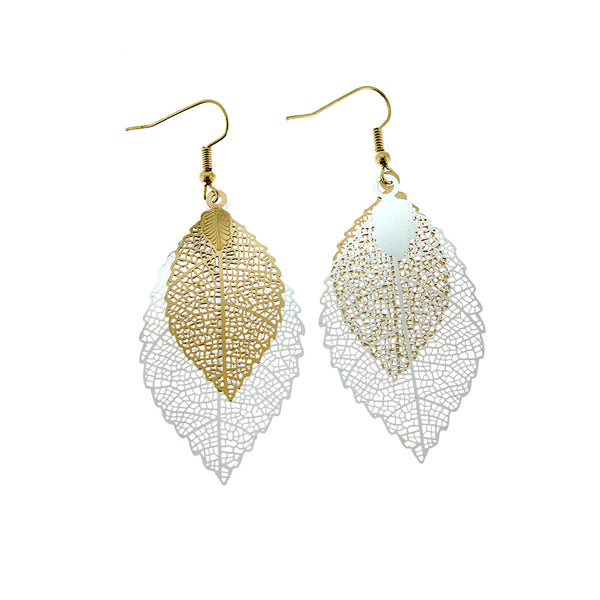 Filigree Leaf Earrings - Gold Tone French Hook - 70mm - 2 Pieces 1 Pair - Z1317