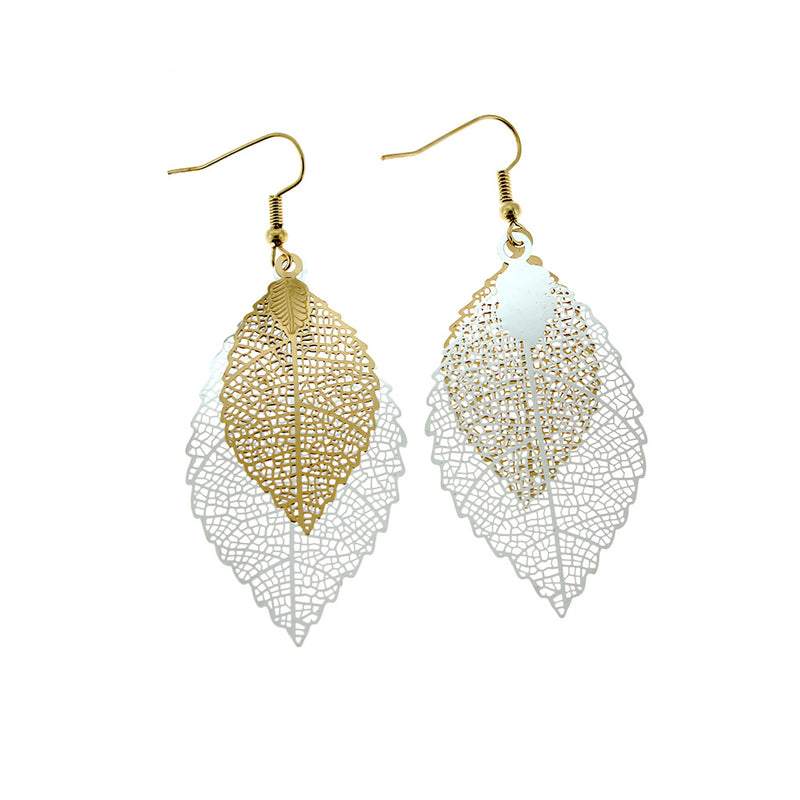 Filigree Leaf Earrings - Gold Tone French Hook - 70mm - 2 Pieces 1 Pair - Z1317