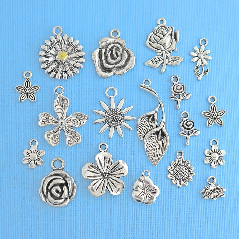Deluxe Flower Charm Collection Antique Silver Tone 18 Charms - COL084