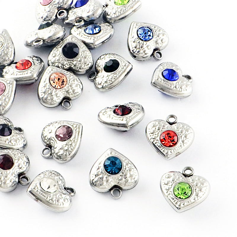 5 Heart Silver Tone Stainless Steel Charms with Inset Rhinestone 2 Sided - MT389