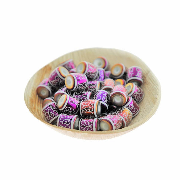 Barrel Glass Beads 12mm - Purple Electroplated Vine Pattern - 12 Beads - BD2541