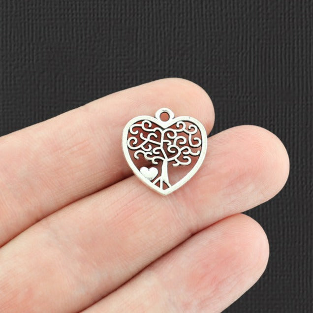 BULK 50 Heart Tree of Life Antique Silver Tone Charms 2 Sided - SC4053