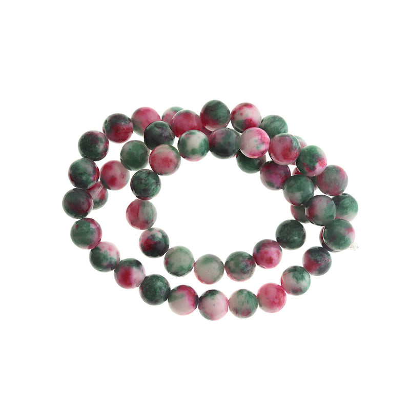 Perles rondes en jade naturel 8 mm - Teinté rose et vert - 1 brin 50 perles - BD1719