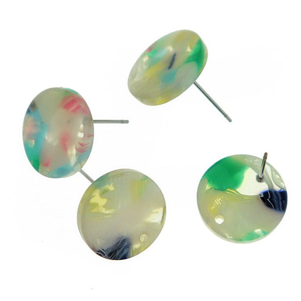 Resin Stainless Steel Earrings - Pastel Rainbow Swirl Studs With Hole - 15.5mm x 2.5mm - 2 Pieces 1 Pair - ER487