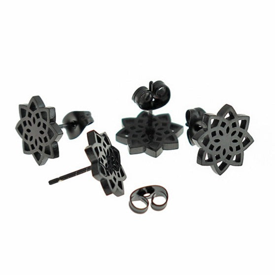 Gunmetal Black Stainless Steel Earrings - Celtic Flower Studs - 11mm - 2 Pieces 1 Pair - ER474