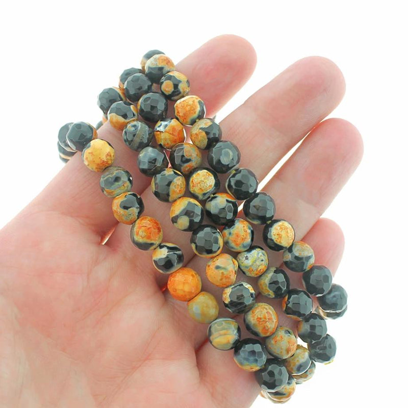 Faceted Natural Fire Agate Beads 8mm - Orange and Black - 1 Strand 46 Beads - BD399
