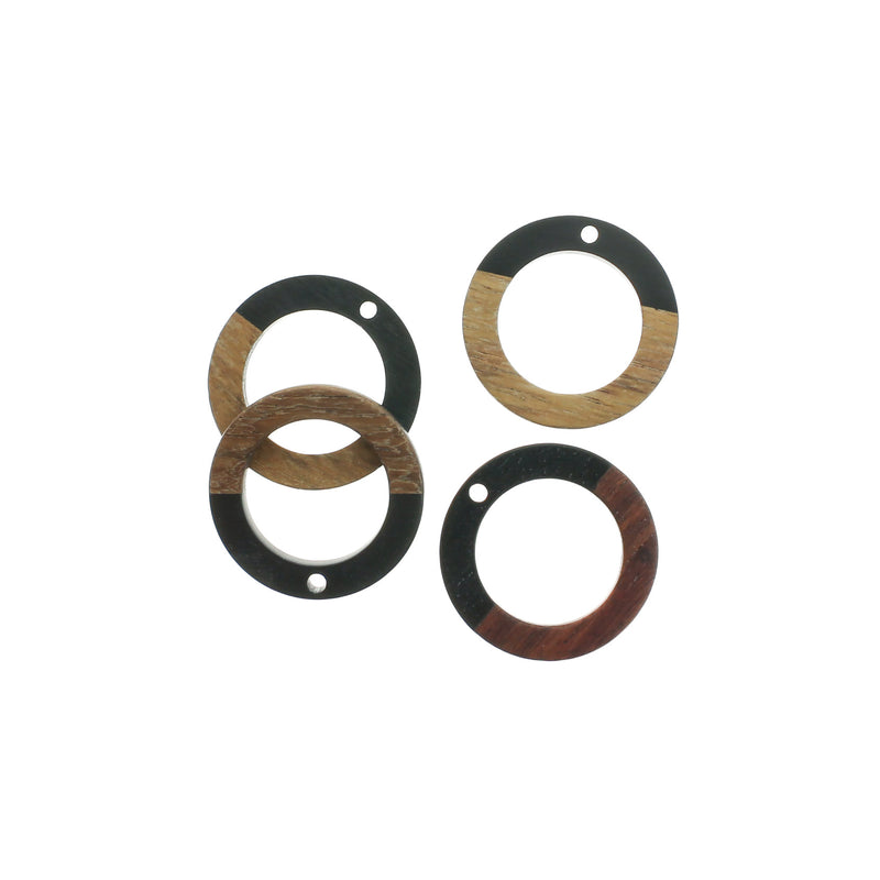 2 Round Natural Wood and Black Resin Charms 28mm - WP176