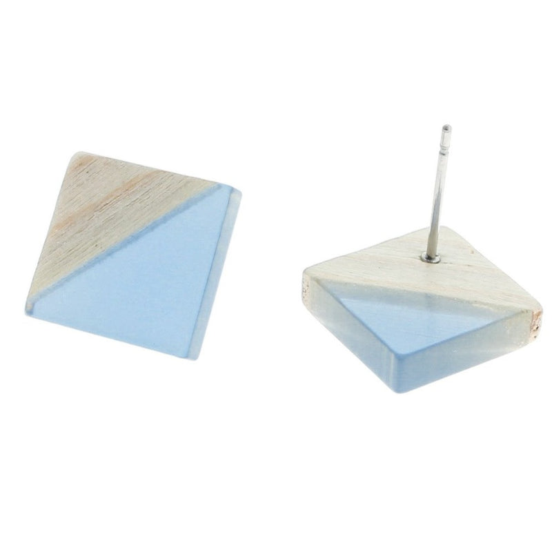 Wood Stainless Steel Earrings - Light Blue Resin Rhombus Studs - 18mm x 17mm - 2 Pieces 1 Pair - ER155