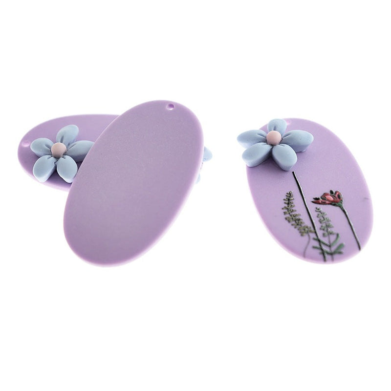 2 Purple Floral Acrylic Charms - K596