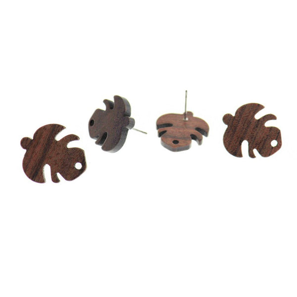 Boucles d'oreilles en bois en acier inoxydable - Clous de feuilles tropicales - 19,5 mm x 17,5 mm - 2 pièces 1 paire - ER578