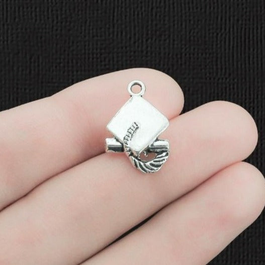 10 Graduation Antique Silver Tone Charms 2 Sided - SC2398