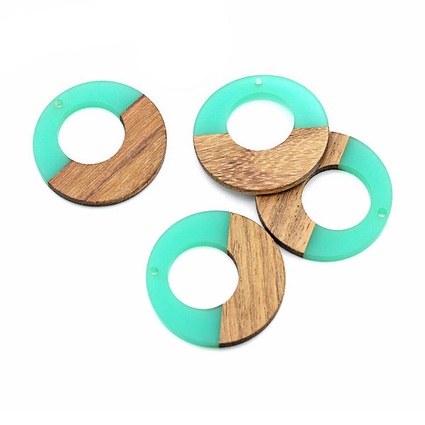 Breloque Cercle Ouvert Bois Naturel et Résine Turquoise 38mm - WP132