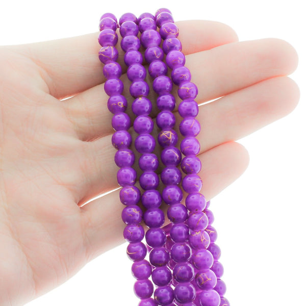 Perles de Verre Rondes 6mm - Violet Vif et Or - 1 Rang 100 Perles - BD1318