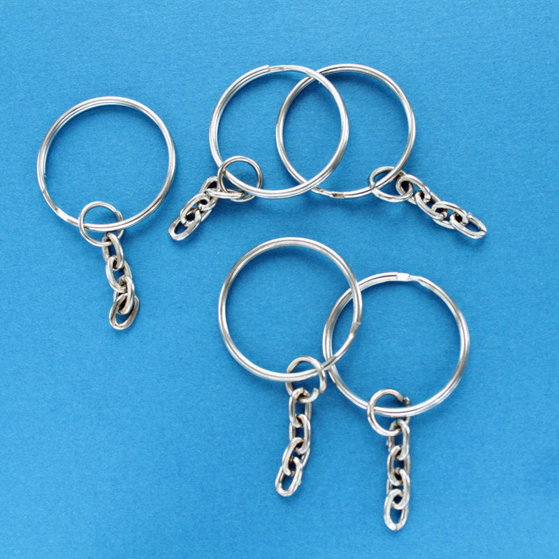 Silver Tone Key Rings with Attached Chain - 25mm - 50 Pieces - Z059