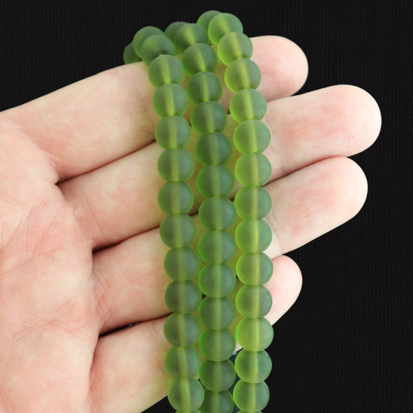 Round Cultured Sea Glass Beads 8mm - Olive Green - 1 Strand 24 Beads - U240