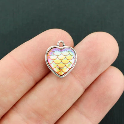 4 Mermaid Scale Heart Antique Silver Tone Cabochon Charms - Z548
