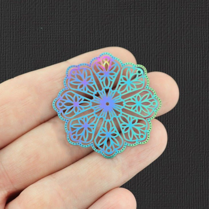 2 Lace Flower Rainbow Electroplated Stainless Steel Charms - SSP207