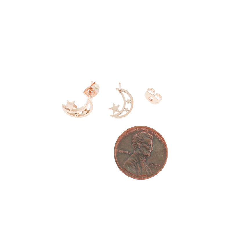 Rose Gold Stainless Steel Earrings - Crescent Moon Studs - 11mm x 8mm - 2 Pieces 1 Pair - ER001