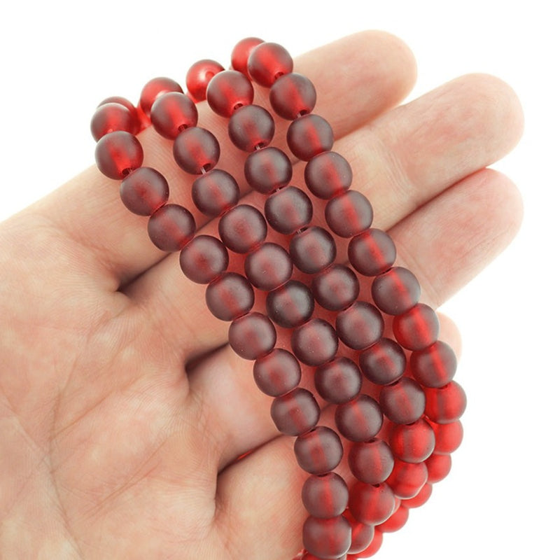 Round Glass Beads 8mm - Frosted Ruby Red - 1 Strand 105 Beads - BD2481