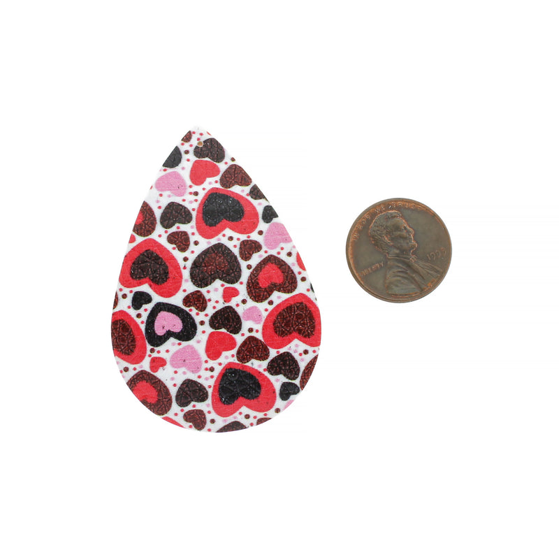 Imitation Leather Teardrop Pendants - Red and Pink Hearts - 4 Pieces - LP155