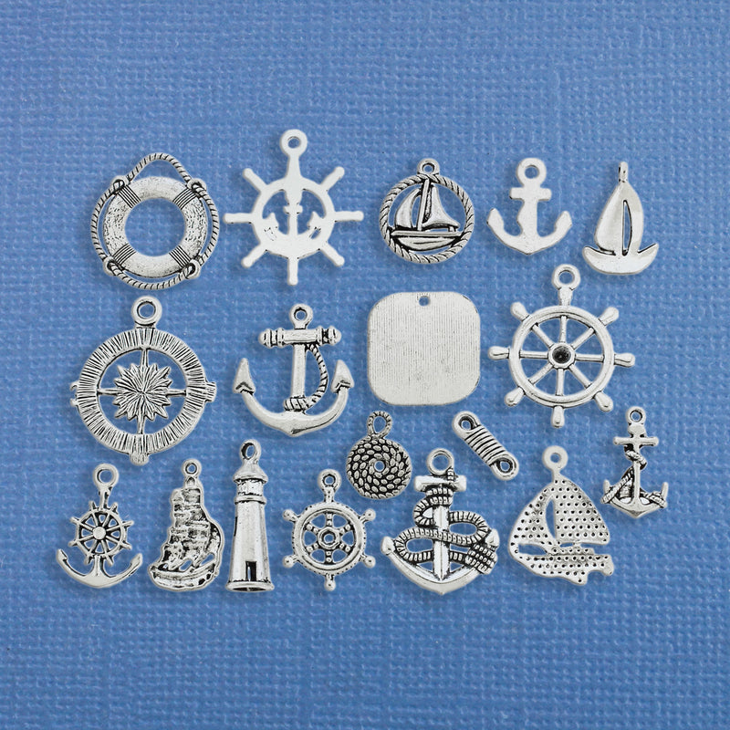 Deluxe Nautical Charm Collection Antique Silver Tone 18 Charms - COL250