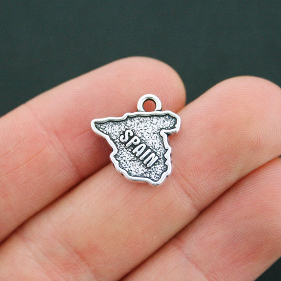 4 Spain Map Antique Silver Tone Charms 2 Sided - SC5193