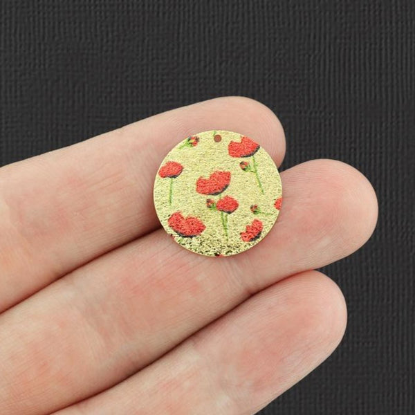 4 Poppy Floral Gold Tone Shimmer Enamel Charms - E295