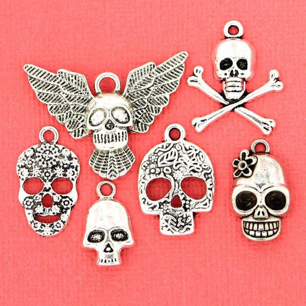 Skull Charm Collection Antique Silver Tone 6 Different Charms - COL117