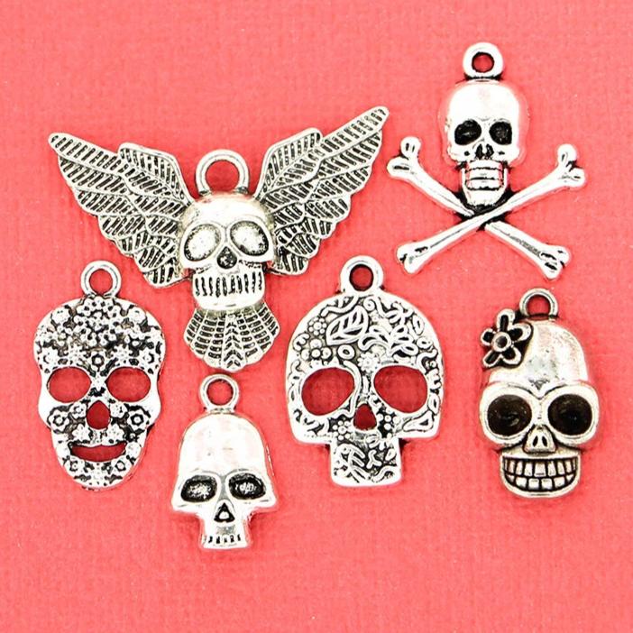 Skull Charm Collection Antique Silver Tone 6 Different Charms - COL117