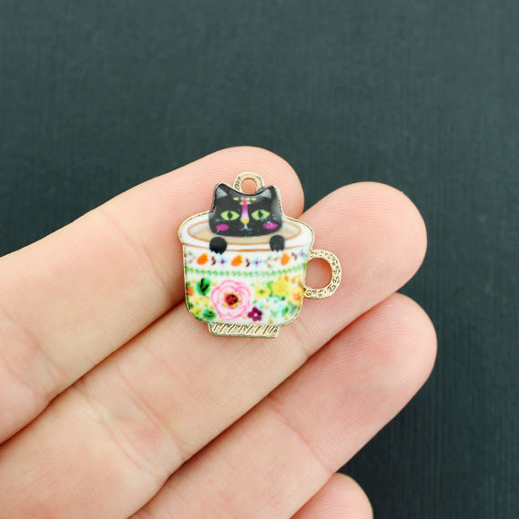 4 Black Cat Gold Tone Enamel Charms - E683