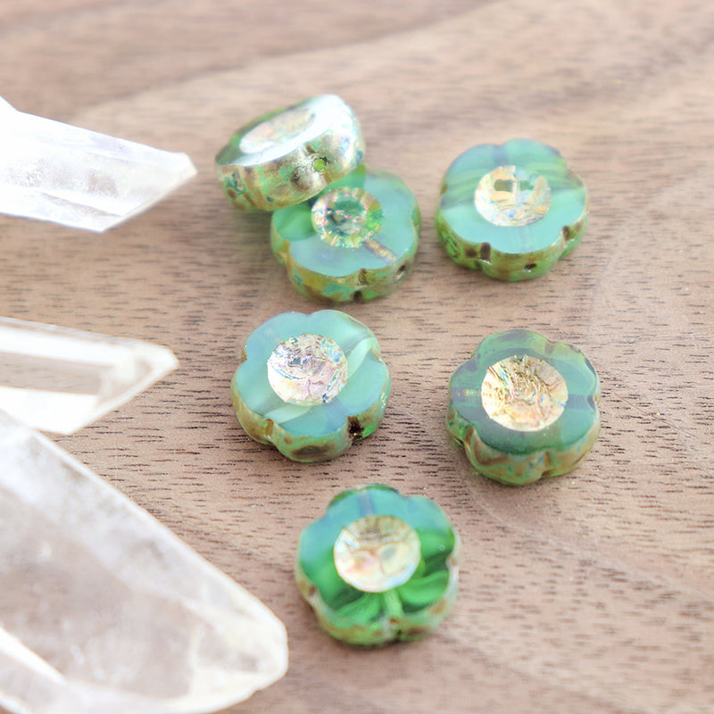 Hawaiian Flower Czech Table Cut Glass Beads 14mm - Picasso Green - 4 Beads - CB060
