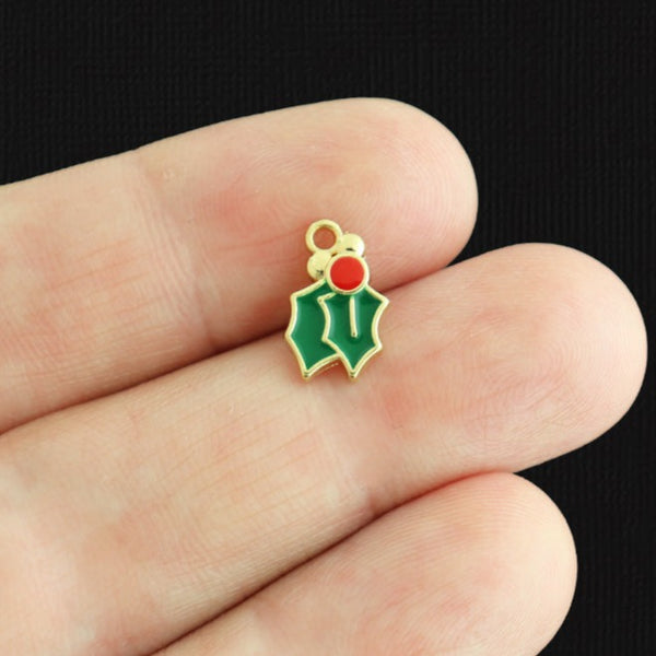 5 Christmas Holly Gold Tone Enamel Charms - E1289