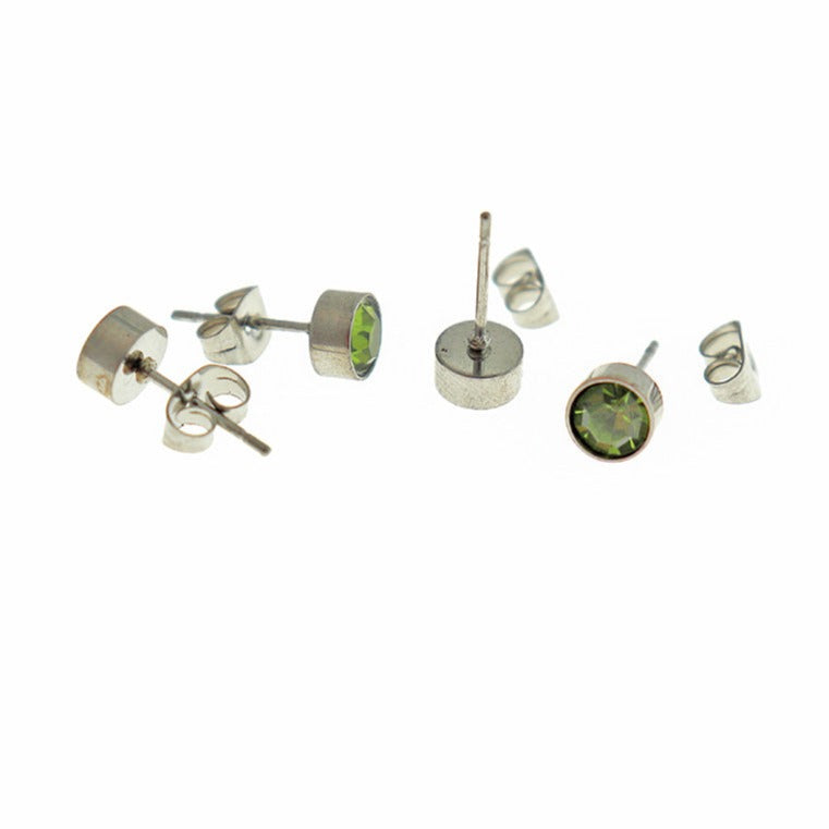 Stainless Steel Birthstone Earrings - August - Peridot Cubic Zirconia Studs - 15mm x 7mm - 2 Pieces 1 Pair - ER560