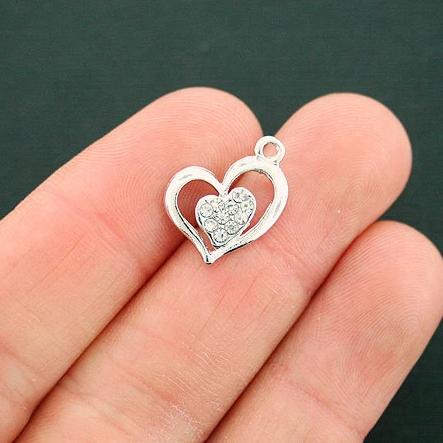 4 Heart Silver Tone Charms With Inset Rhinestones - SC6754