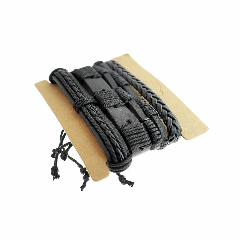 Black Imitation Leather Adjustable Bracelet 2.3" - 5mm - 1 Set 4 Bracelets - N823