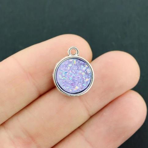 5 Druzy Antique Silver Tone and Resin Cabochon Charms - Z621