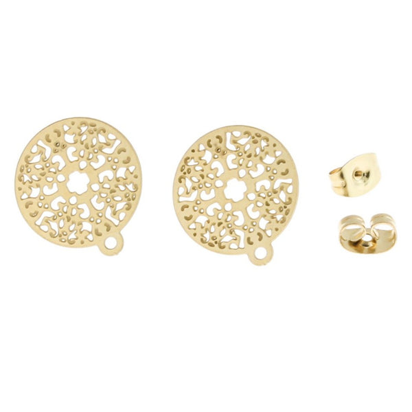 Gold Plated Stainless Steel Earrings - Filigree Studs With Loop - 16mm x 14mm - 2 Pieces 1 Pair - ER238