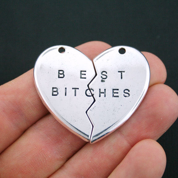 Best Bitches Heart Antique Silver Tone Charm 2 Piece Set - SC3365