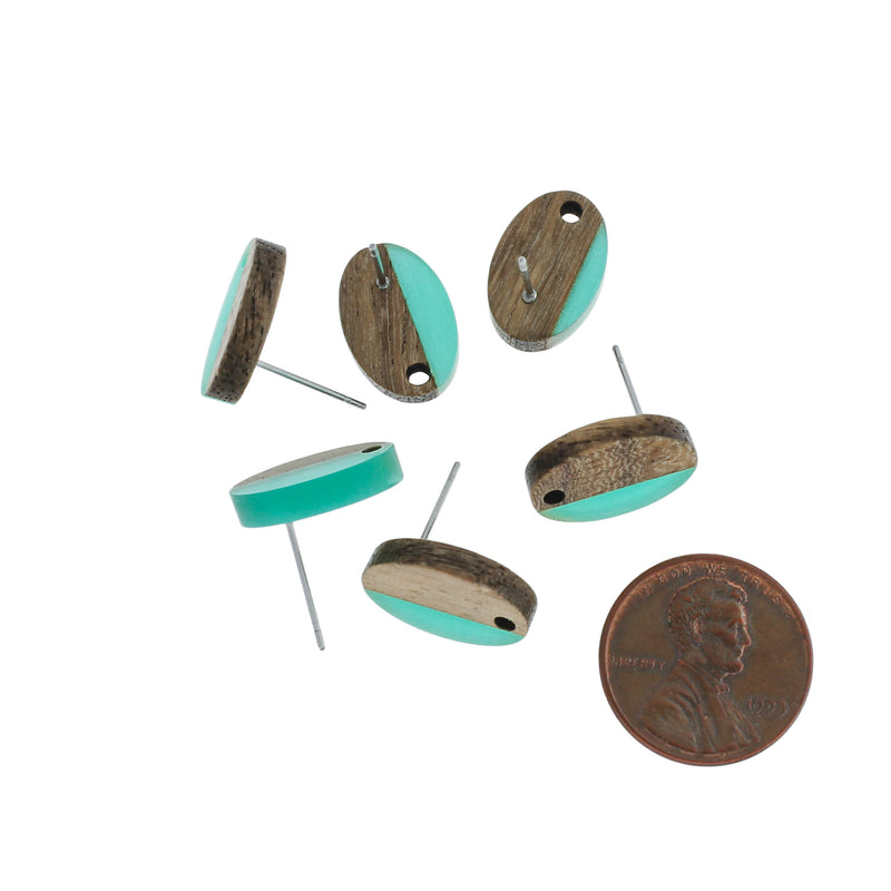 Wood Stainless Steel Earrings - Turquoise Resin Oval Studs - 15mm x 10mm - 2 Pieces 1 Pair - ER303