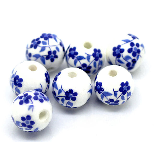 Perles Rondes en Céramique 12mm - Floral Bleu et Blanc - 10 Perles - BD131