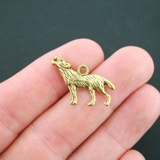 6 Wolf Antique Gold Tone Charms 2 Sided - GC026