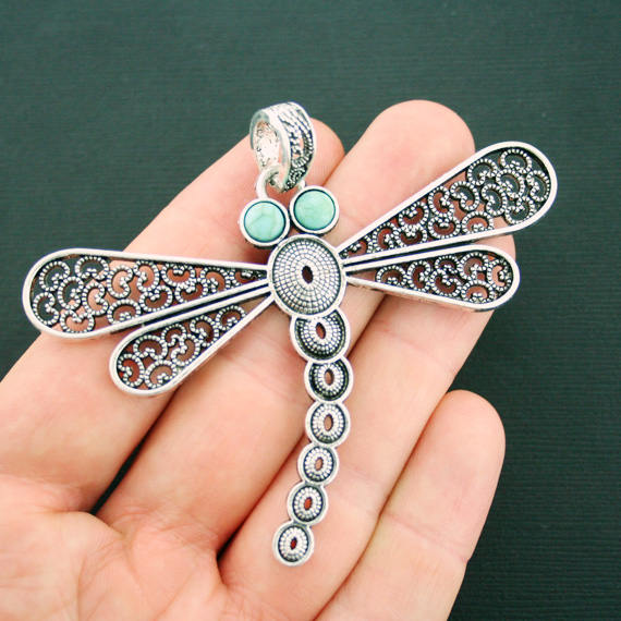 Dragonfly Antique Silver Tone Charm With Imitation Turquoise - SC3765