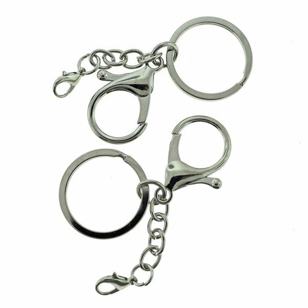 Porte-clés argenté avec 2 fermoirs mousquetons et chaîne attachée - 30 mm - 2 pièces - FD834