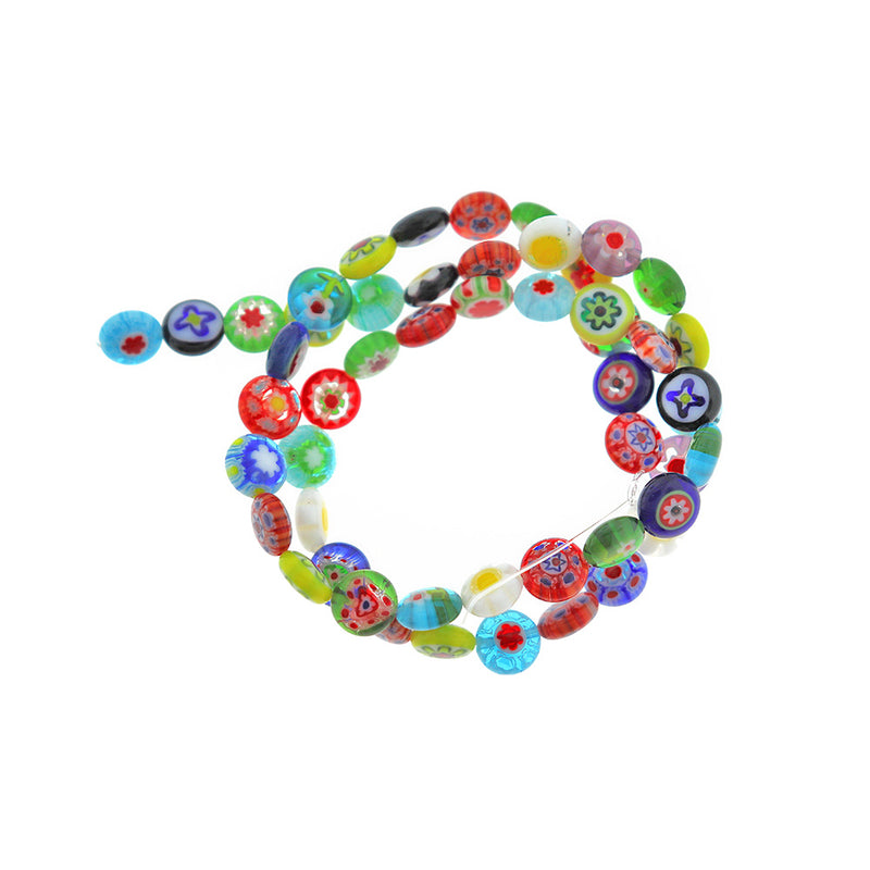 Flat Round Glass Beads 8mm x 4mm - Assorted Floral Millefiori - 1 Strand 52 Beads - BD2398