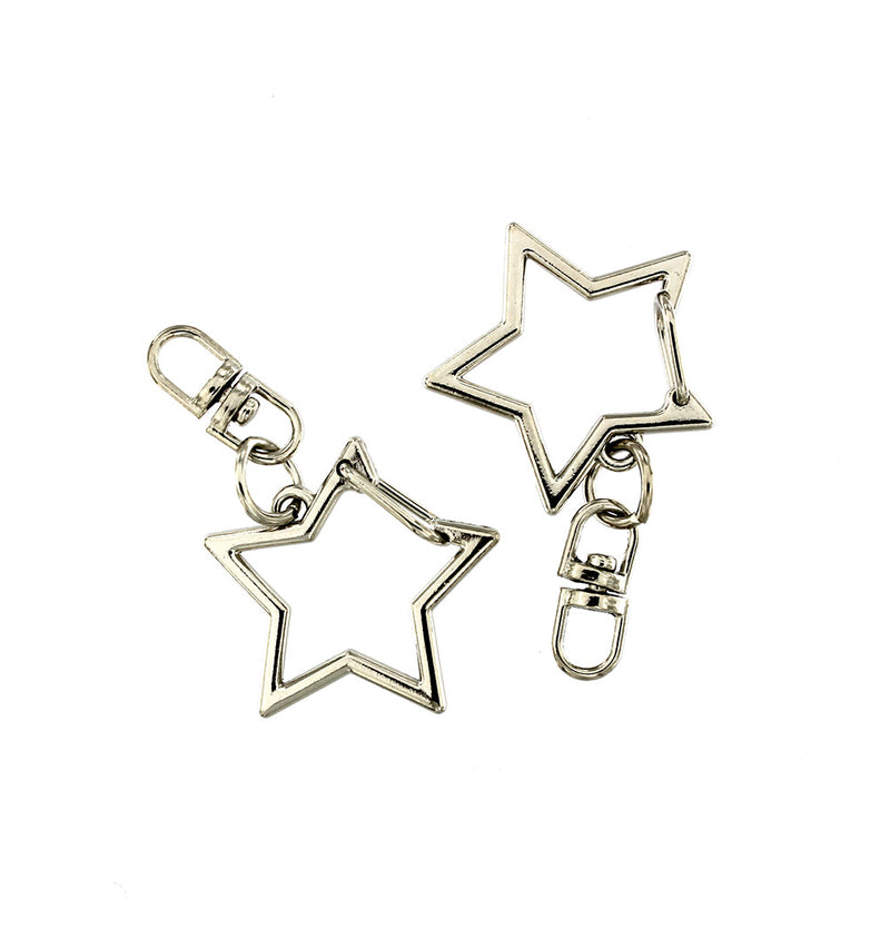 Star Shaped Silver Tone Key Rings with Attached Swivel Clasp - 49mm - 4 Pieces - Z1055