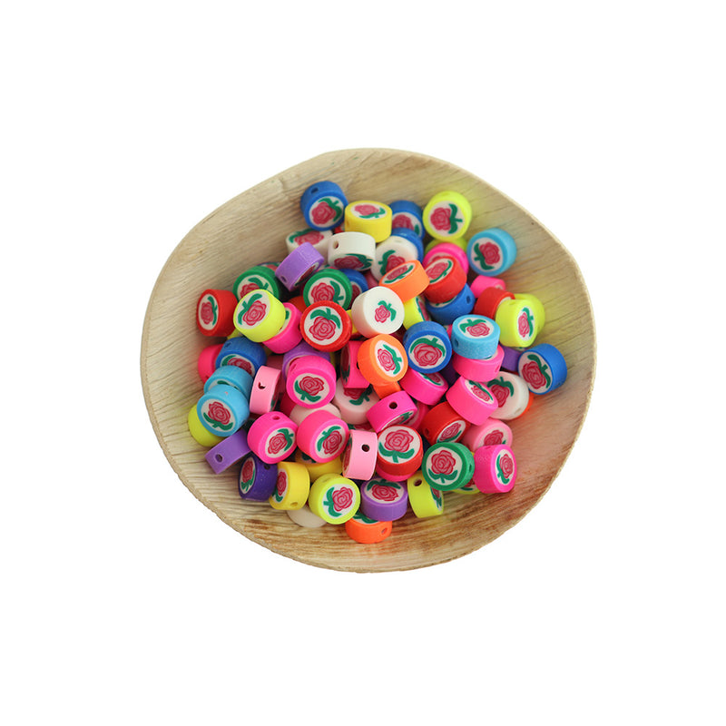 Flat Round Polymer Clay Beads 10mm - Assorted Rose Flower - 50 Beads - BD2225
