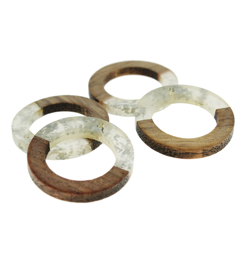 2 breloques rondes en bois naturel et résine scintillante transparente 28 mm - WP055