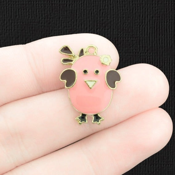 4 Chicken Gold Tone Enamel Charms - E642